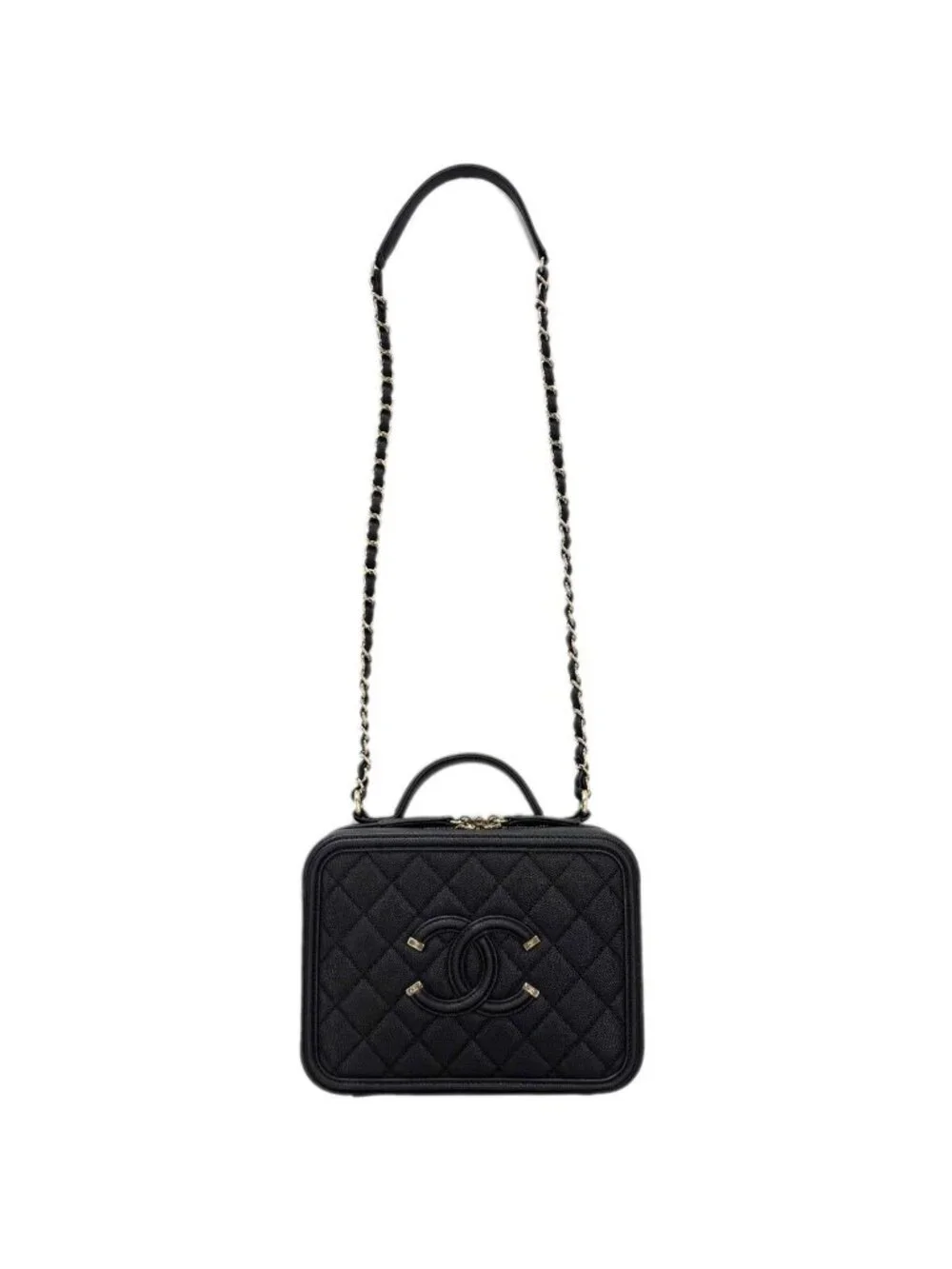 Chanel Bag CC Filigree Vanity Case 2-Way Chain Shoulder Black Champagne Gold